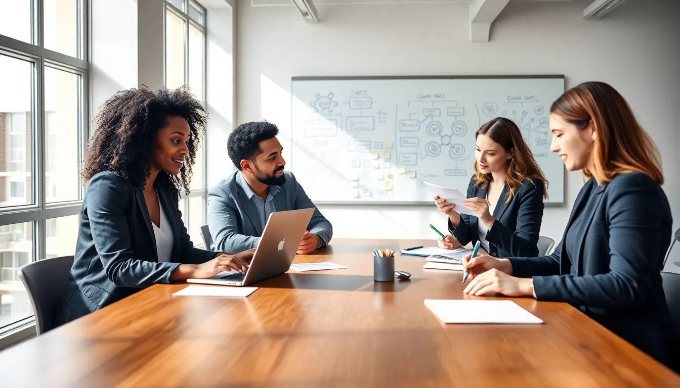 diverse entrepreneurs collaborating in a modern coworking space.