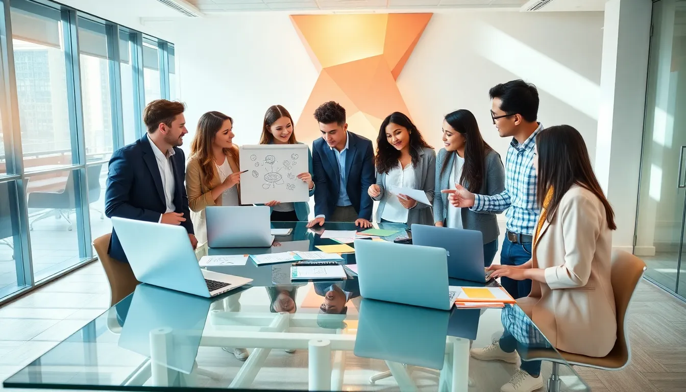 diverse professionals brainstorming creative side hustle ideas in a modern office.