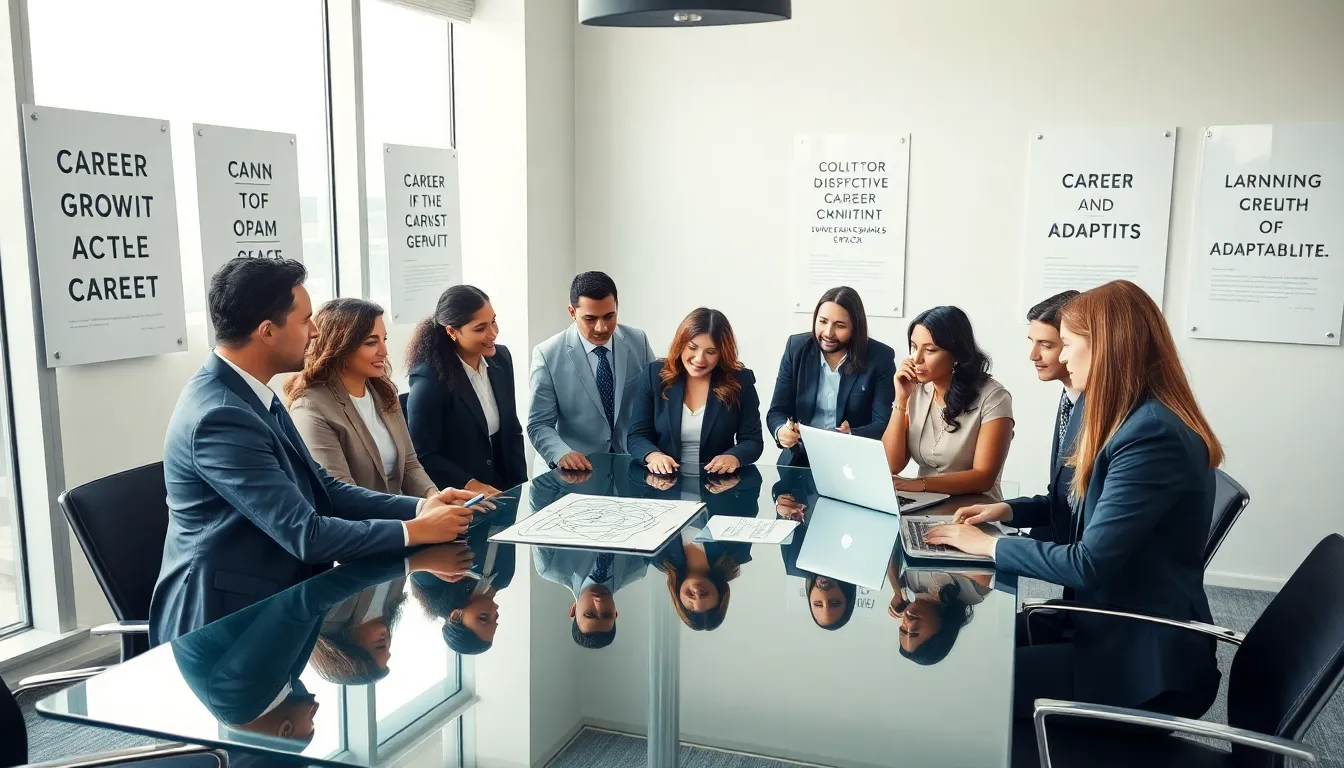 diverse professionals collaborating in a modern office about career development.