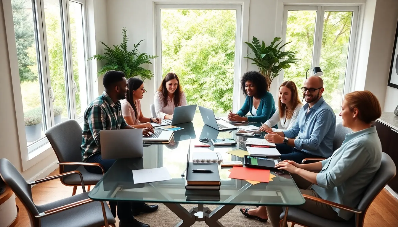 diverse team collaborating on side hustle ideas in a modern office.